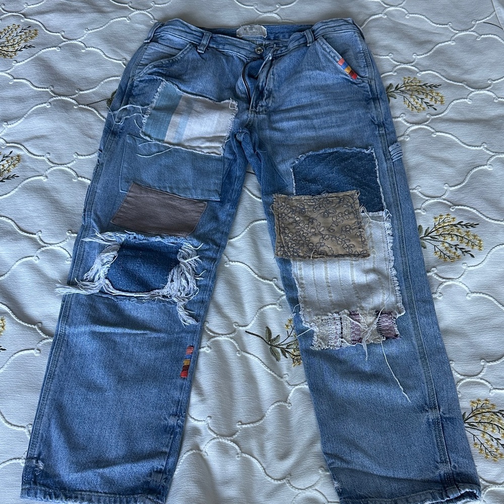 Free People We The Free Patchwork Denim Distressed Patchwork Jeans - Picture 2 of 9